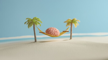 3D illustration of human brain resting in hammock between two palm trees on sandy beach. Minimal concept. Mental relaxation and mindfulness, summer vacation travel, holiday retreat.
