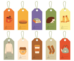 Vector Autumn big label tags set in hand-drawn style. Cozy fall doodle designs for decorating gifts, banners, postcards, and greeting cards. Autumn collection in warm flat style.