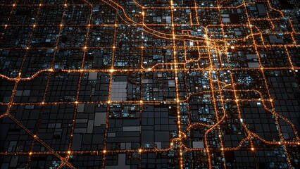 Aerial perspective reveals the city's captivating street grid illuminated by bright lights at night