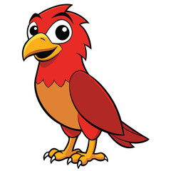 A cheerful red cartoon bird displays vibrant plumage and engaging features on a white background
