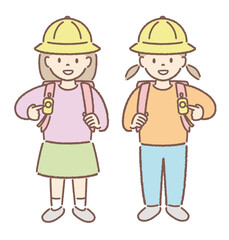 防犯ブザーを持つ小学生のイラスト（指差し、帽子）