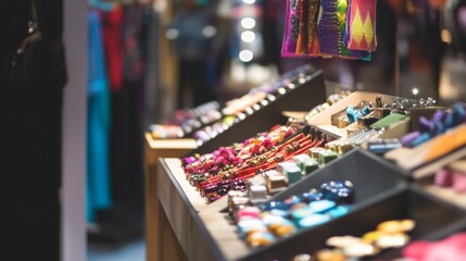 Fototapeta premium Colorful market jewelry stall with neon lights and ethnic accessories on evening vibrant street