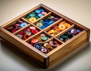 a wooden box neatly organizes colorful buttons arranged in a gradient inviting creativity in crafting projects