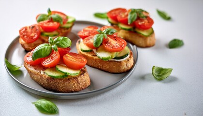 delicious bruschetta with fresh tomatoes and cucumbers topped with basil on a light background