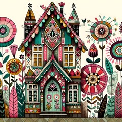 Naklejka premium Casitas de Ensueño: Hogares Florales y Pájaros Felices