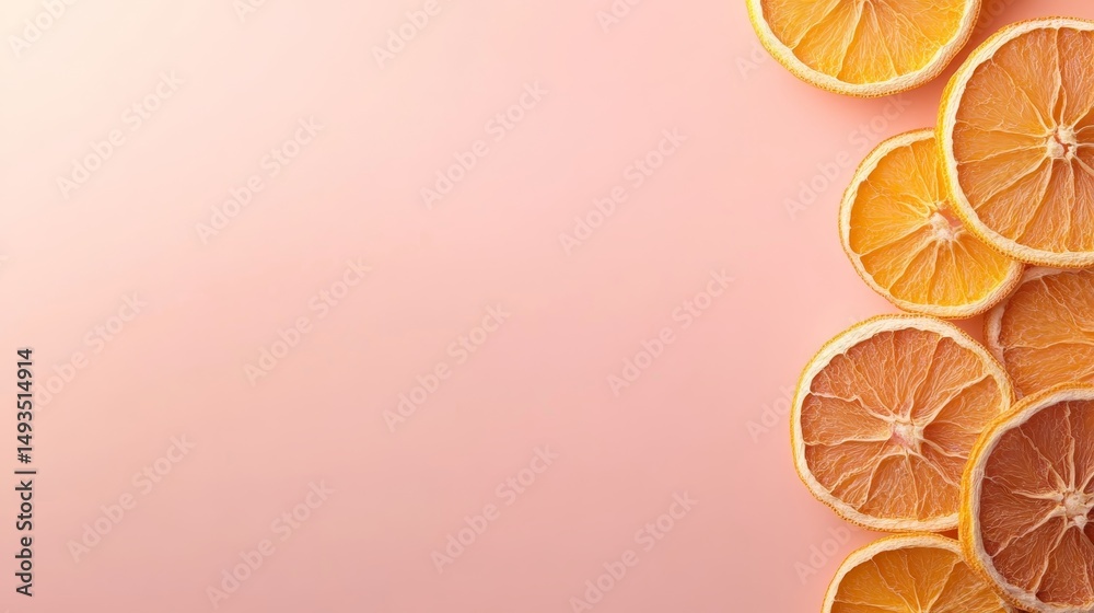 Poster close-up of dried orange slices laid out on a pastel-colored surface, illuminated by soft natural li