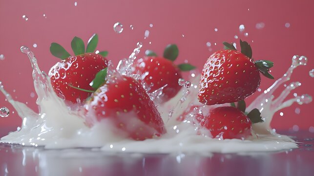 Fresh strawberries exploding in milk splashes.