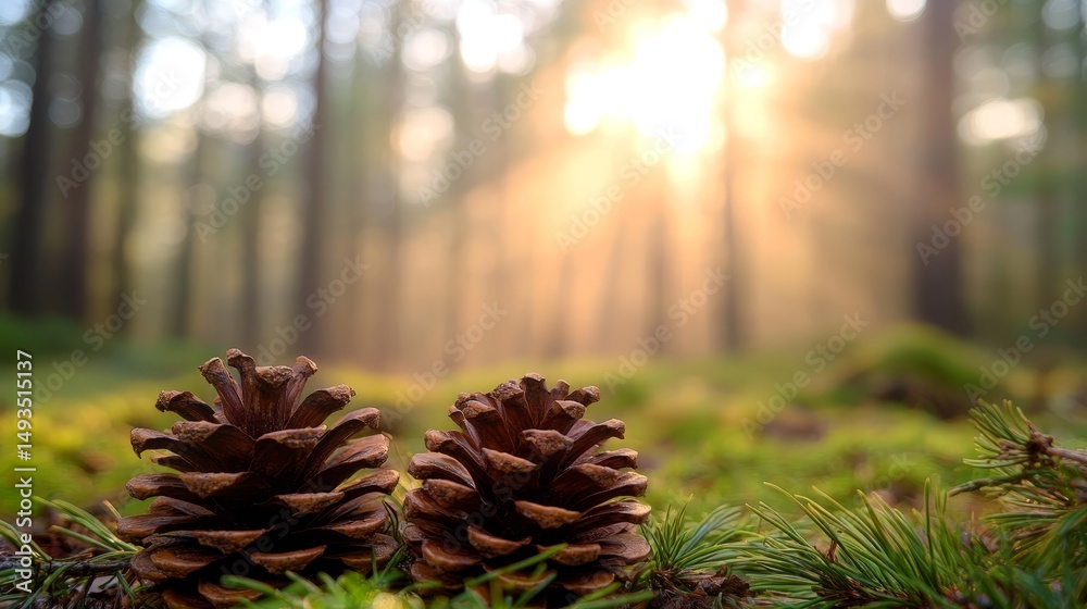 Aufkleber pine cones rest among vibrant green needles, illuminated by soft sunlight filtering through a misty 