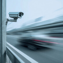 A surveillance camera mounted on a metal pole monitors fast-moving traffic on a highway. Motion blur effect emphasizes vehicle speed and dynamic movement.