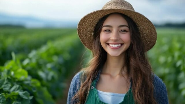 A young woman farmer smiles warmly, standing amidst rows of thriving green plants in a sun-drenched field.  Her straw hat and apron complete the idyllic farm scene.