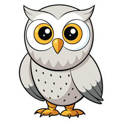 Cartoon owl with large yellow eyes and speckled belly is standing calmly
