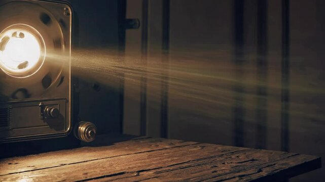 Vintage video projector casting light onto a rustic wooden table. Low-angle shot creates a nostalgic, cinematic atmosphere.