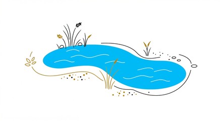 Stylized line art of a pond with reeds, in bright blue, earthy brown, and gold accents, representing tranquil nature or an ecological icon, with copy space