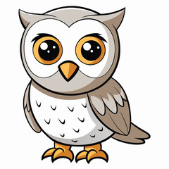 Cartoon owl with large orange eyes stands on its feet looking directly forward