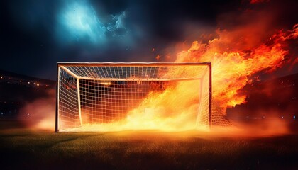 fiery soccer goal ablaze in dramatic night scene