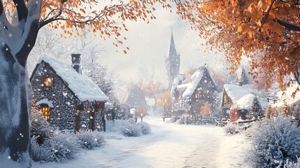 Snowy, autumnal village scene under a soft sunlight.