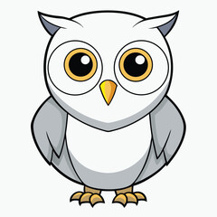 A cute cartoon owl with big eyes stands alertly on a white background