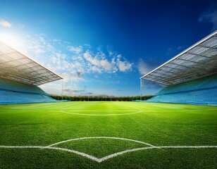 Fototapeta premium a vibrant soccer stadium field under a bright blue sky with fresh green turf concept of sports excellence game preparation and professional competition