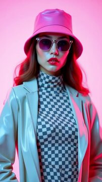 Fashionable woman in stylish attire with a pink background, showcasing a modern aesthetic