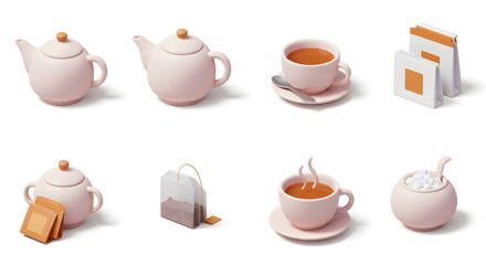 Arrangement of Teapots, Tea Cups, and Sugar Bowl on White Background