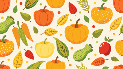 Autumn Harvest Pattern with Pumpkins Corn and Apples on White.