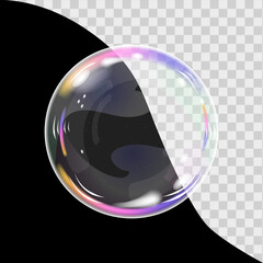Soap bubble color spectrum on transparent background. Realistic air bubble 3D graphics glare and transparency effect. Vector illustration.