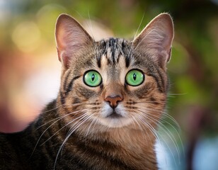 curious tabby cat with intense green eyes against blurred background