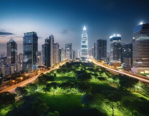 Obraz premium a breathtaking illuminated city skyline with a focus on green spaces amidst tall buildings capturing urban harmony and sustainability
