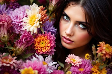 Naklejka premium Beautiful woman surrounded by vibrant flowers in full bloom