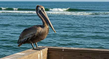 Majestic Brown Pelican Perched on Wooden Railing, Ocean Waves in Background