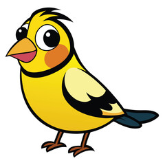 A cute cartoon yellow bird stands playfully looking to the side with joy
