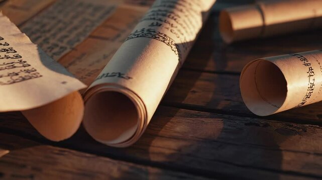 Ancient scrolls with flowing calligraphy lie open on a rustic wooden surface, their delicate pages illuminated by a warm, golden glow, hinting at forgotten lore from a bygone era.