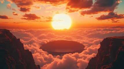 Sunrise over a cratered, cloud-shrouded landscape