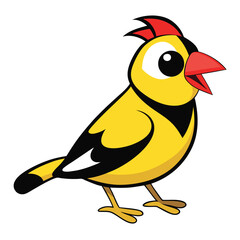 Animated yellow bird with red crest and beak stands cheerfully on white
