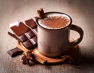 a mug of hot chocolate with cinnamon and chocolate bar