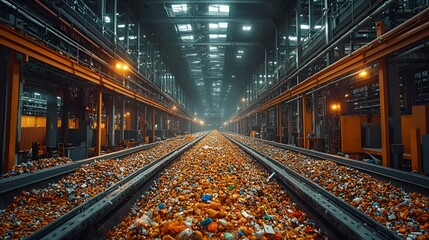Obraz premium Plastic recycling plant conveyor belt filled with sorted plastic waste.
