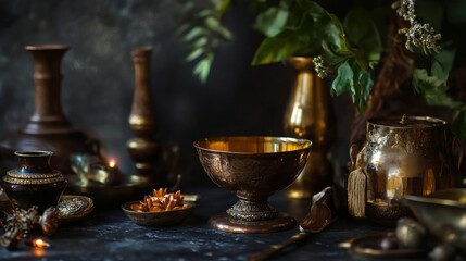Fototapeta premium Antique gold vases and dishes in moody warm light with traditional heritage decor style
