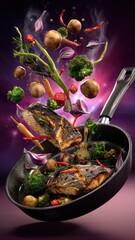 A pan of food is being tossed in the air, with vegetables