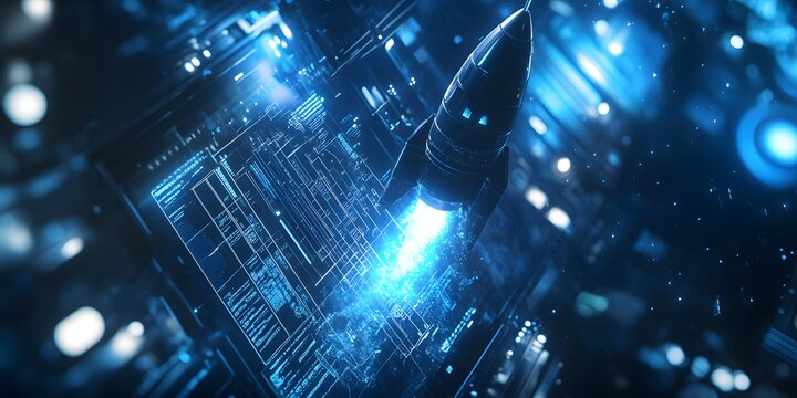 Futuristic rocket launch through digital interface.