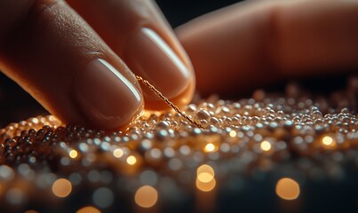 Hand threading pearl beads close up