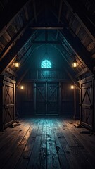 Fototapeta premium Atmospheric interior of an old wooden attic with glowing lanterns and a mysterious ambiance.