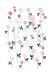 The illustration depicts stylized roses, made with watercolors. The flowers are presented in the form of spirals, imitating the shape of rose buds.