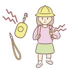 防犯ブザーを持つ小学生のイラスト（鳴らす、帽子②）