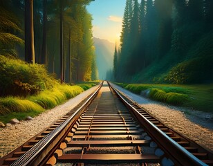 a train track stretching towards the horizon accompanied by a beautiful forest generative ai railroad railway tracks locomotive train transportation
