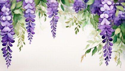 delicate watercolor rendering of purple wisteria clusters and verdant foliage framing white canvas with soft flowing botanical elegance