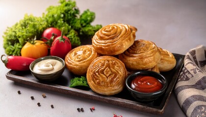 famous food of mongolian concept golden brown pastry with dipping sauce and fresh vegetables nearby