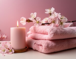a serene composition featuring a lit candle soft pink towels and delicate cherry blossoms against a pastel background perfect for wellness spa promotions or relaxation themed content