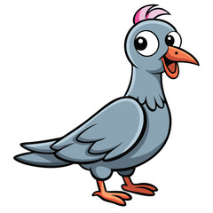 Cartoon pigeon with large eyes and a pink crest stands grinning cheerfully