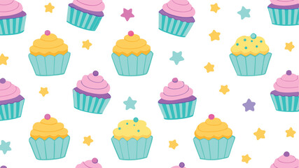 Cupcakes and Stars Pattern on White Background.
