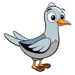 Adorable pigeon cartoon character stands smiling with orange beak on white background